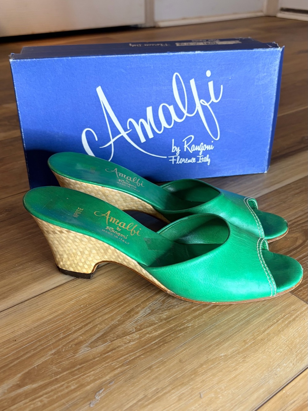 Vintage 1970s Amalfi by Rangoni Nipote Green Leather Wedge Mules Made in Italy